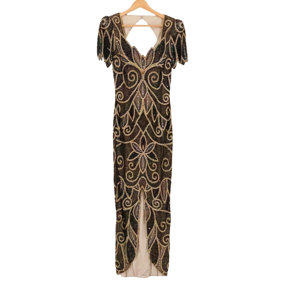 Niteline Della Roufogali Silk Beaded Gown Vintage 90s Size 6 Black Gold Art Deco